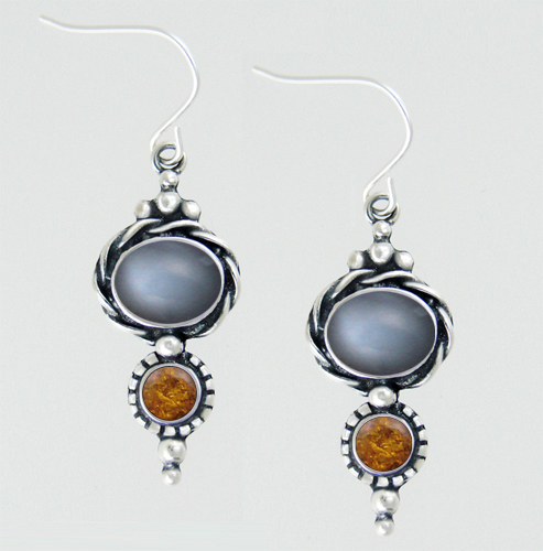 Sterling Silver Drop Dangle Earrings With Grey Moonstone And Amber